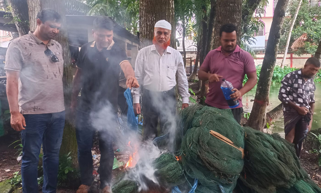 কচুয়ায় বিপুল পরিমাণ অবৈধ চায়না রিং জাল জব্দ ও পুড়িয়ে ধ্বংস, আটক ৩